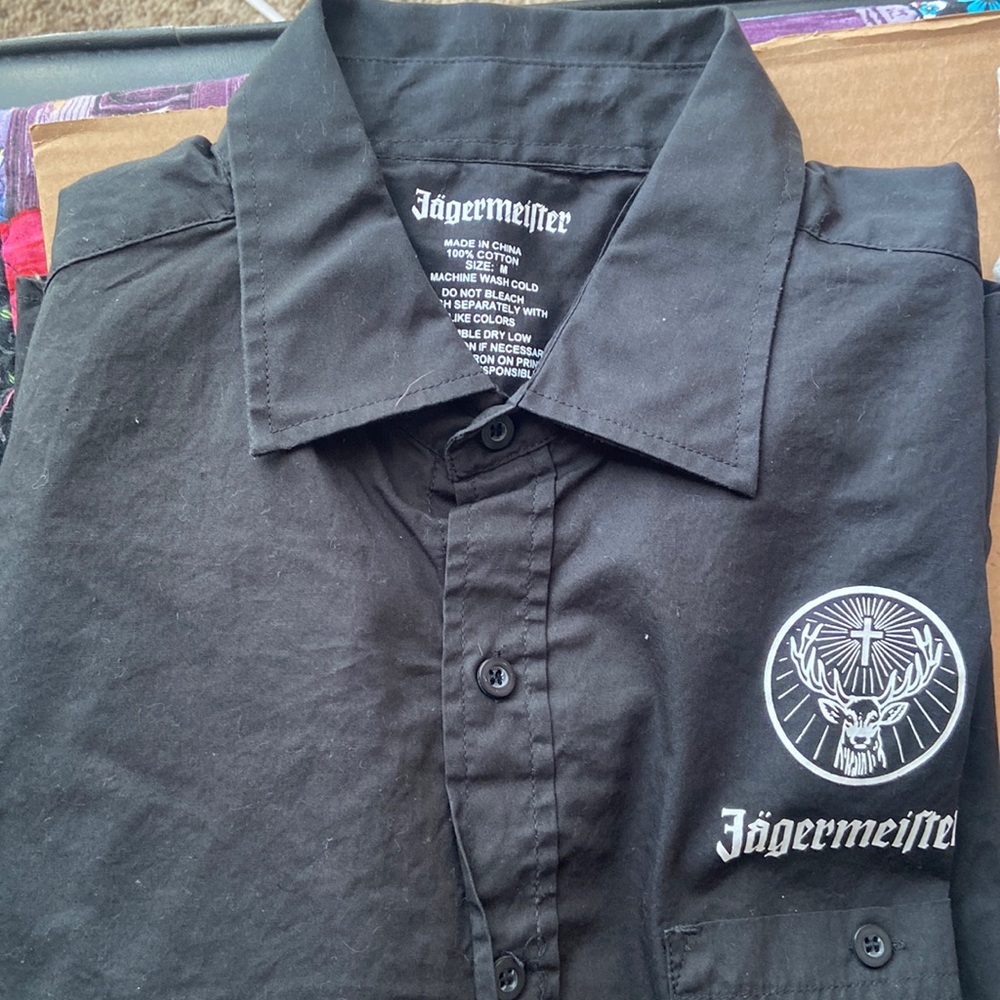 Jagermeiter black button down shirt, washed, clean, never worn. Medium. $15, OBO